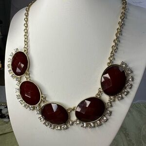 Elegant Gold and Red Faceted Cabochons and Rhinestone Eye-catching Necklace